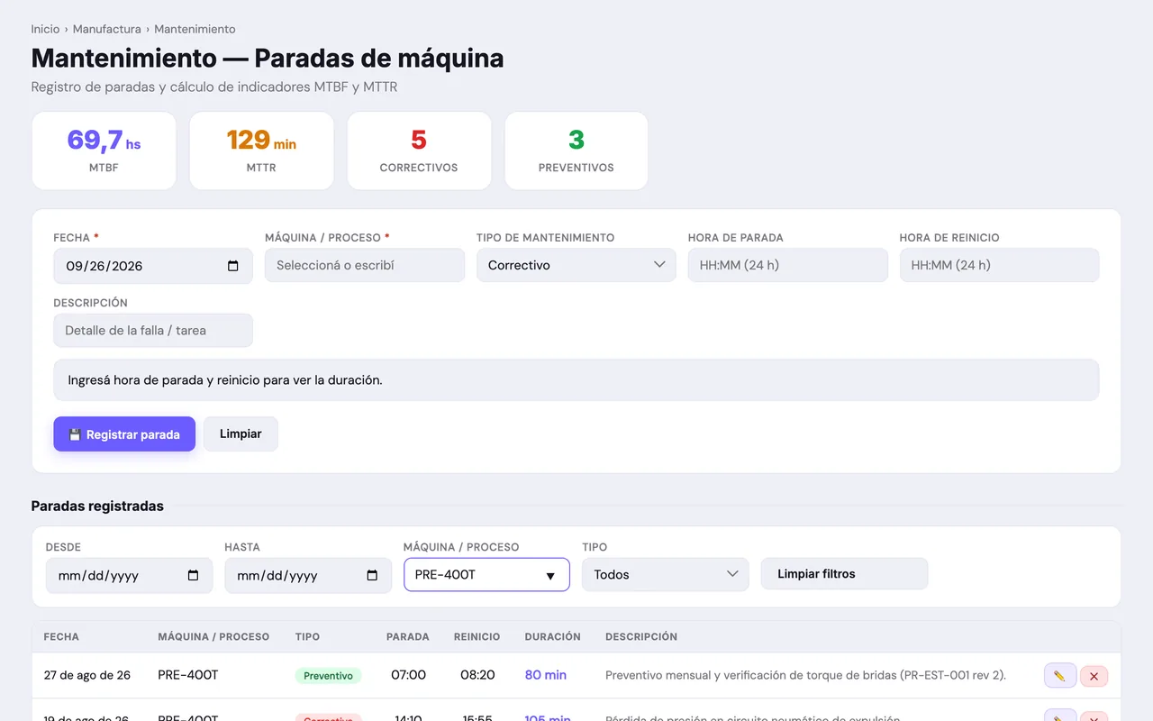 Manufactura y Mantenimiento en ENDOS — captura 3 (datos de demostración)