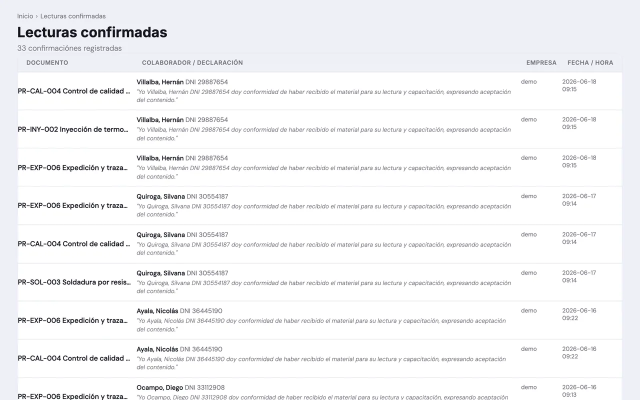 Capacitaciones & Documentación en ENDOS — captura 3 (datos de demostración)