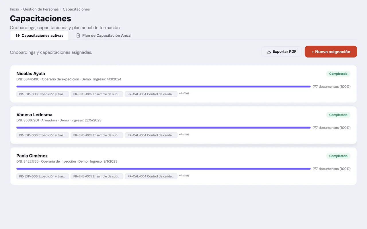 Capacitaciones & Documentación en ENDOS — captura 2 (datos de demostración)