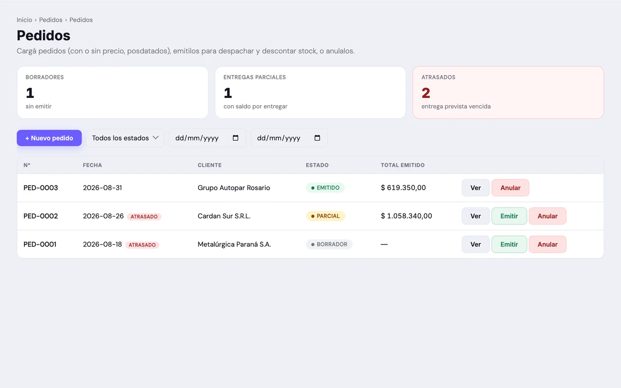 Pedidos en ENDOS — captura 1 (datos de demostración)